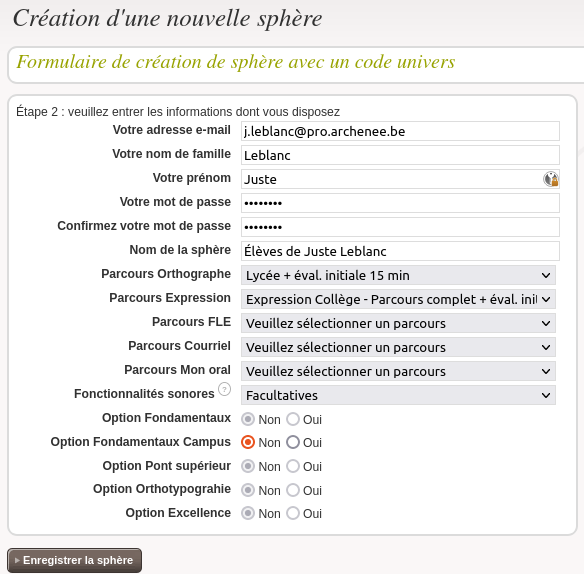 Formulaire de création de sphère